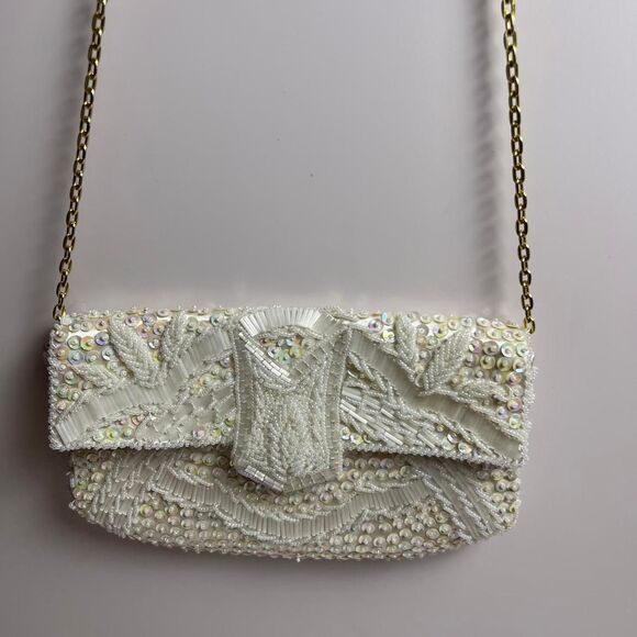 Vintage White Beaded Sequin Clutch/Crossbody Hand Made in Hong Kong - Picture 8 of 8